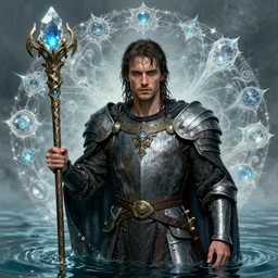 portrait of a man wearing a knight robe, holding a fantasy staff, drenched body, wet dripping hair, emerging from the water, fantasy, regal, fractal crystal, fractal gems, by stanley artgerm lau, thomas kindkade, alphonse mucha, loish, norman rockwell