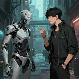 two people arguing, detailed digital illustration by greg rutkowski, cyberpunk back alley, android netrunner