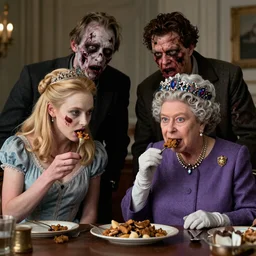 zombie princess diana and zombie prince philip eating the queen realistic detailed cinematic 3 5 mm
