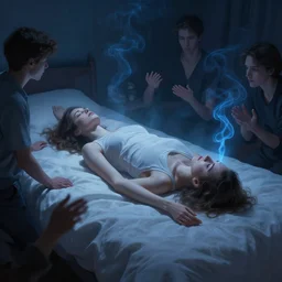 a woman floating abover her bed at night, astral projection, blue smoke! surreal concept art, lifelike, photorealistic, digital painting, aesthetic, smooth, sharp focus, artstation hd, artgerm and by greg rutkowski, bruce pennington, valentina remenar, rhads, asher duran,