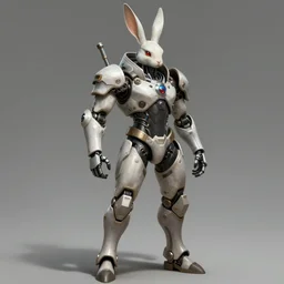 Full body portrait of a cyborg rabbit assasin, in sci-fi armour, tech wear, muscular!! sci-fi, intricate, elegant, highly detailed, digital painting, artstation, concept art, smooth, sharp focus, illustration, trending on art station, dynamic lighting, cinematic, ultra detailed, fantasy concept art