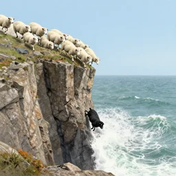 forty five white sheep racing towards a cliff made of jagged rock and we can see them falling like lemmings down the cliff into the sea and facing the crashing white waves, there is one single eye - catching black sheep going against the crowd, clear skies, old colored sketching, panoramic shot