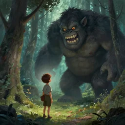 a boy in a enchanted forest with a big scary troll in front of him, fable, trending on artstation, style of hans gude, digital painting