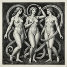 the three fates, Greek antiquity pain, pleasure, suffering, adventure, love, life, afterlife, intertwined souls, abstract oil painting, gouche on paper by MC Escher and Salvador Dali and raqib shaw |