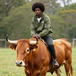 photograph of a black man with afro hair wearing an army green adidas jacket riding! an orange colored bull!