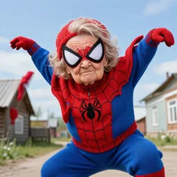 stunning photograph of ( ( ( ( granny spiderman ) ) ) ) in rural russia town, knitted red and blue suit, closeup, dynamic pose, closeup, aperture 1. 2