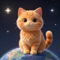A fuzzy orange cat sitting on planet earth, space with stars in the background, trending on artstation, 3D animation, by Beksinski