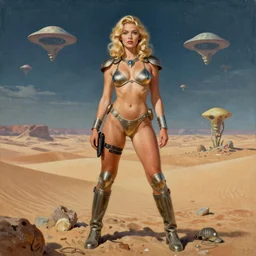 A mixed media portrait painting of a beautiful blonde woman posing on a desert alien planet, soldier, curvy, atomic-space-age style bikini-armor and boots, aesthetic symmetrical face and eyes, slavic, by Boris Vallejo, Beeple, Frank Frazetta, Greg Rutkowski, Christian MacNevin, epic fantasy character art, high fantasy, CGsociety, 60's Sci-fi Pinup style, exquisite detail, post-processing, masterpiece, cinematic, crysis