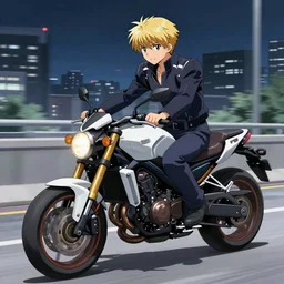 Saber from Fate Zero riding a motorbike on a night city road