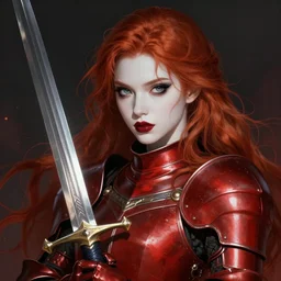 splash art for beautiful female templar, face details, red armor, redhead, white skin, lipstick, black eyeliner, sword and shield, extremely detailed, smooth, sharp focus, digital illustration, by zeronis