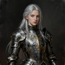 portrait of black guilded armor, long silver hair, beautiful, painting by anna ditmann, digital art, intricately detailed, cinematic, artstation,