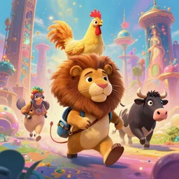 a vibrant emotional digital 3 d cg of anthropomorphic cyborg rodent!!! lion chicken cow traveling through portals of time, studio ghibli, pixar and disney animation, sharp, disney concept art maximalist splatter paint illustration by shinji kimura and alphonse mucha and alena aenami, pastel color palette, bloom!!, dramatic lighting