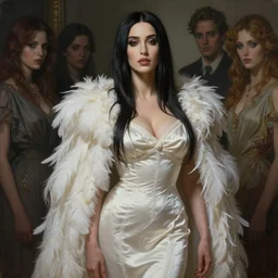 painting of a beautiful monica bellucci with a kind face wearing a feathered cloak and a fancy silk white dress, seductive, ultra realistic, concept art, intricate details, eerie, highly detailed, photorealistic, octane render, 8 k, unreal engine. art by artgerm and greg rutkowski and charlie bowater and magali villeneuve and alphonse mucha