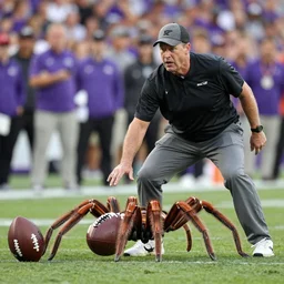 A frustrated coach Belichick attempting to teach a giant tarantula to play football