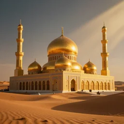 golden mosque in the desert, volumetric rays, cinematic lighting, ultra realistic