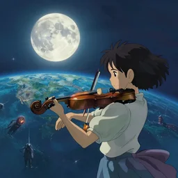 a highly detailed matte painting of a girl playing violin and watching moon crashing to earth by studio ghibli, makoto shinkai, by artgerm, by wlop, by greg rutkowski, volumetric lighting, octane render, 4 k resolution, trending on artstation, masterpiece