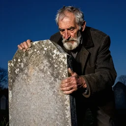 a close-up photograph of an old, withered man leaving his heavily weathered grave with an eroded gravestone, clear night sky