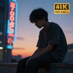 a figure of boy sitting on edge, dusk sunset in background, melancholic atmosphere, neon signs, cyberpunk, close up, by rhads and paul lehr, xf iq 4, f / 1. 4, iso 2 0 0, 1 / 1 6 0 s, 8 k, raw, featured in artstation, octane render, cinematic, elegant, intricate, 8 k