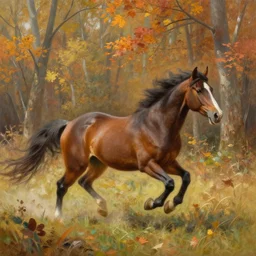 a horse running through an autumn forest painted in the style of fredrick remmington