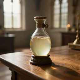 A fantasy healing potion on an oak table in a high class room with light from the windows.