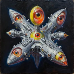intricate five space ship, oil on canvas, hdr, high detail, photo realistic, hyperrealism, surrealism, cinematic, matte finish, high contrast, 3 d depth, centered, masterpiece, vivid and vibrant colors, enhanced light effect, enhanced eye detail, artstationhd