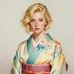 stunning, breathtaking, awe - inspiring award - winning concept art portrait painting by steve mccurry of a beautiful young blonde white woman with short, wavy hair, wearing a colorful yukata