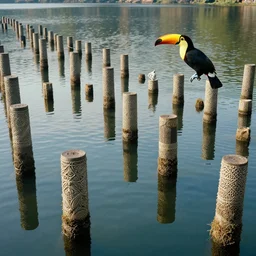 lake with hexagonal grid pylons and a toucan, cinematic, filmic, wildlife photography, x - ray, ray tracing reflections, insanely detailed and intricate, hypermaximalist, elegant, ornate, hyper realistic, super detailed