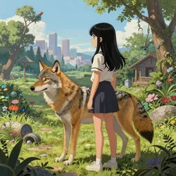 a single coyote warns a single innocent black haired girl standing to the side of quantum apocalyse. intricate, 8 k detail, painted anime cinematic, matte sharp painting, pastoral backyard setting, city view in the distance, ultrafine hyperdetailed illustration, hyperrealism, glamorous sci - fi poster, whimsical botanical illustration, anime girl