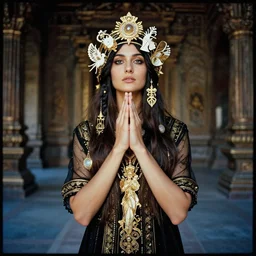 lomography, full body portrait photo of women like reol wearing magical artifacts, in a ornate temple interior praying moody, realistic, dark, skin tinted a warm tone, light blue filter, hdr, rounded eyes, detailed facial features, white gold black, alphonse mucha, ( ( photograph ) )