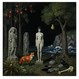 realistic painting of solid black night sky during a war, tall emo girl forest, stone sculptures, a fox, a pear tree, black melting sky, cliffs, waves breaking, stones, black puddles, pomegranate tree, bromeliads, herbs, raven, bones, berries, zen, sensual, surrealist painting by magritte and monet and kawase