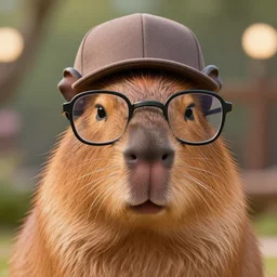 front closeup portrait of the cute furry capibara, hat and lenon glasses, fashion editorial photography, cartoon, pixar, disney, lucasfilm, bokeh, photorealistic, highly detailed, extreme details, 5 0 mm, stylized