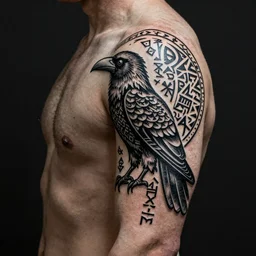 ancient slavic symbols raven tattoo pattern, glagolitic glyph, artwork by ,James Jean, Noah Bradley, very coherent artwork, cinematic, hyper realism, high detail, octane render, unreal engine, 8k, High contrast, higly detailed black ink outline