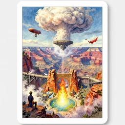 dixit card, vanishing point, docks, airships, banners, grand canyon, rock structures, gates, laputa, mist, red baron, noahs ark, foreground watcher, smoke, fire, crash, cumulonimbus, intricate, amazing composition, colorful watercolor, by ruan jia, by maxfield parrish, by shaun tan, by nc wyeth, by michael whelan, by escher, illustration, volumetric, bloom, sun puddle