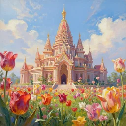 a beautiful and highly detailed painting of a towering temple made of giant tulips built on a world of massive flowers | establishing shot | unreal engine :. 3 | impasto :. 6