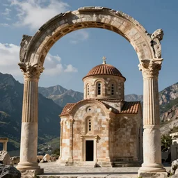 ancient, Greek church,monument, arch, fantasy, mountain valley, hyper realistic