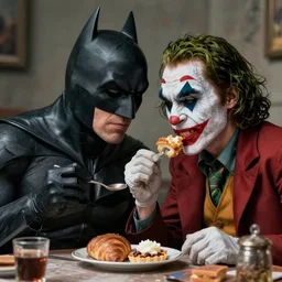 portrait of Batman eating breakfast ，Next to the head of the joker is placed，By Emmanuel Lubezki