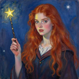 a young woman with long red hair holding a wand, a character portrait by fuller potter, deviantart, rayonism, enchanting, movie still, pretty