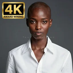 a photograph of a quenian young dark skined bald woman wearing a white shirt, looking at the camera, by terry richardson, 4k, award wining, fashion magazine
