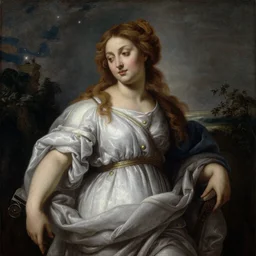 one female oracle, baroque painting. star lit sky, ultra realistic.