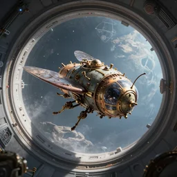 A hyperspace tunnel floats above an alien planet, and inside it is a steampunk spaceship with similarities to an insect, Artstation
