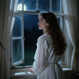 90s hallowin film, cinematic tones. Scene where a woman in white looking the window at midnight, focus her back