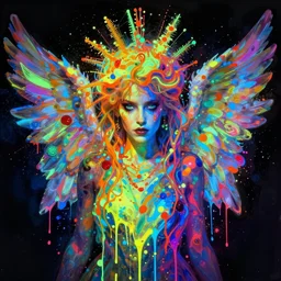 a punk angel rebelling from god, paint, tempera paint, gouache paint, wet paint, dripping paint, splatter paint, spray paint, puffy paint, glass paint, colorful, inverted colors, high contrast, glowing, glow - in - the - dark, in a symbolic and meaningful style