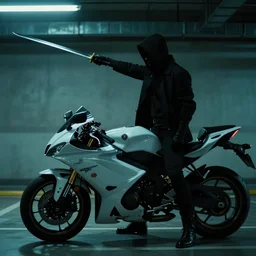blade runner movie action still of a silhouetted yakuza holding out a long katana, in an underground parking lot, on a yamaha motorcycle, rack focus, close establishing shot, monochromatic teal, dark teal lighting, soft dramatic lighting, 4 k digital camera