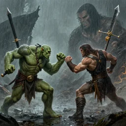 fantasy duel, orc and human fighting, cinematic long shot, rain, concept art by art by greg rutkowski and tyler jacobson and alphonse mucha, character art, detailed face