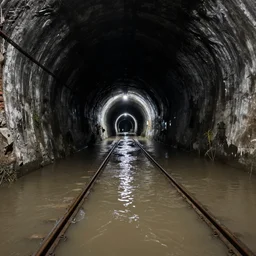 dimly lit railroad tunnel, flooded with water, superliminal