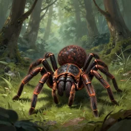 digital painting illustration of tarantula - ogre fantasy beast, standing in the middle of the forest, taller than the trees, in bayard wu style