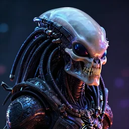 cyberpunk alien portrait, hyper realistic shiny textures 8 k, alien vs predator skull, elongated head, intricate details, fluorescent glow, science fiction space horror, halloween, unreal engine, dark, heavy shading, depth of field