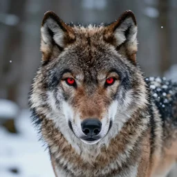 close up of an alpha wolf with bloodshot red eyes, in a snowy forest, octane render, intricate, by greg rutkowski