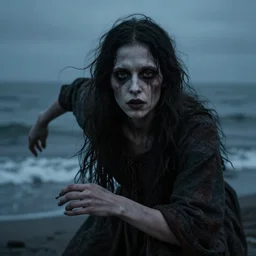 realistic, dynamic perspective pose, dark, very pale skin tone, detailed facial features, folk horror. woman at the ocean