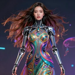 a super realistic young woman, cyborg, magical, cyberpunk, windblown, intricate, synthwave, retrowave, colorful, vibrant, highly-detailed, elegant, dramatic lighting, gorgeous face, lifelike, photorealistic face, long luxurious intricate gown, digital painting, artstation,  illustration, concept art, smooth, sharp focus, art by Jude Palencar, John Collier, artgerm, and Albert Aublet and Krenz Cushart and Artem Demura and Alphonse Mucha